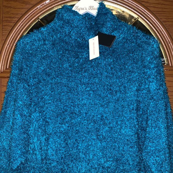 Molly & Isadora Vita Turtleneck Fuzzy Knit Pullover Sweater In Dark Teal - Picture 6 of 16